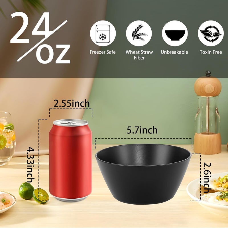 supernal 12PCS Black Wheat Straw Bowls  Unbreakable Reusable Plastic Soup  Cereal Straws BowlsFridge and Dishwasher Safe StackableLightweight Black Disposable Bowl for RamenSalads and Catering - Image 2