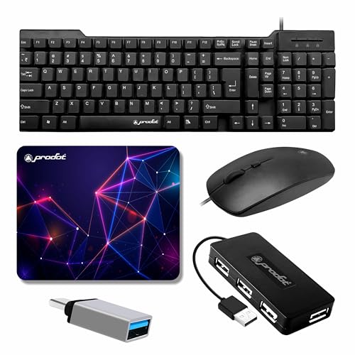 Prodot 5-in-1 Wired Combo Pack | Wired Keyboard + Palm Optical Mouse + 4 in1 Port USB Hub + USB Type-A to Type-C Converter + Anti-Slip Mouse Pad | for Laptop/Desktop Accessories - Image 1