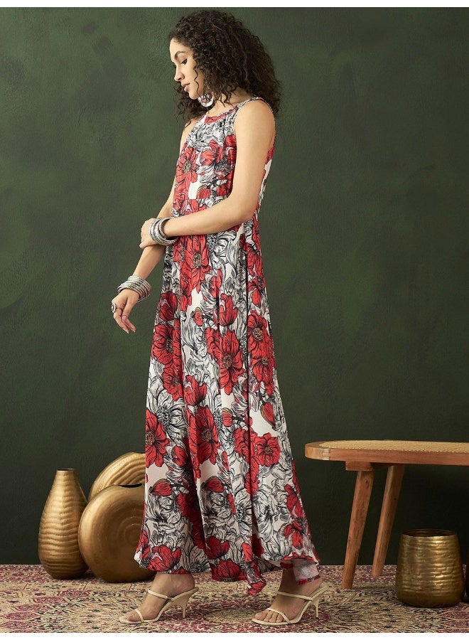 AKS Floral Printed Shoulder Strap Maxi Dress - Image 3