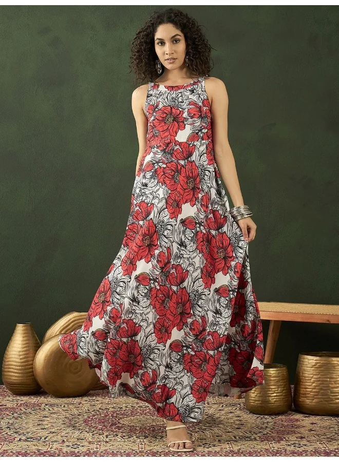 AKS Floral Printed Shoulder Strap Maxi Dress