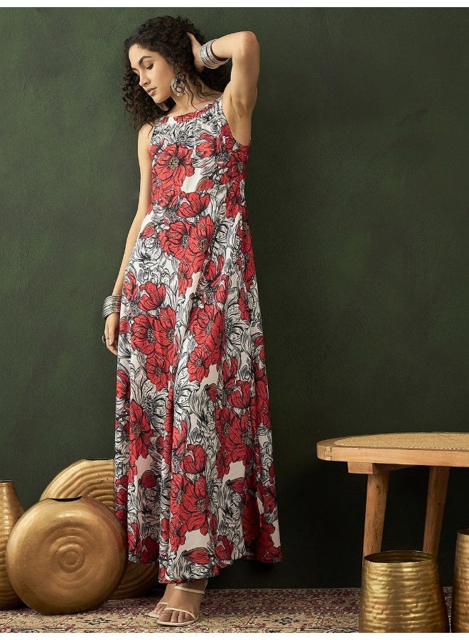 AKS Floral Printed Shoulder Strap Maxi Dress - Image 4