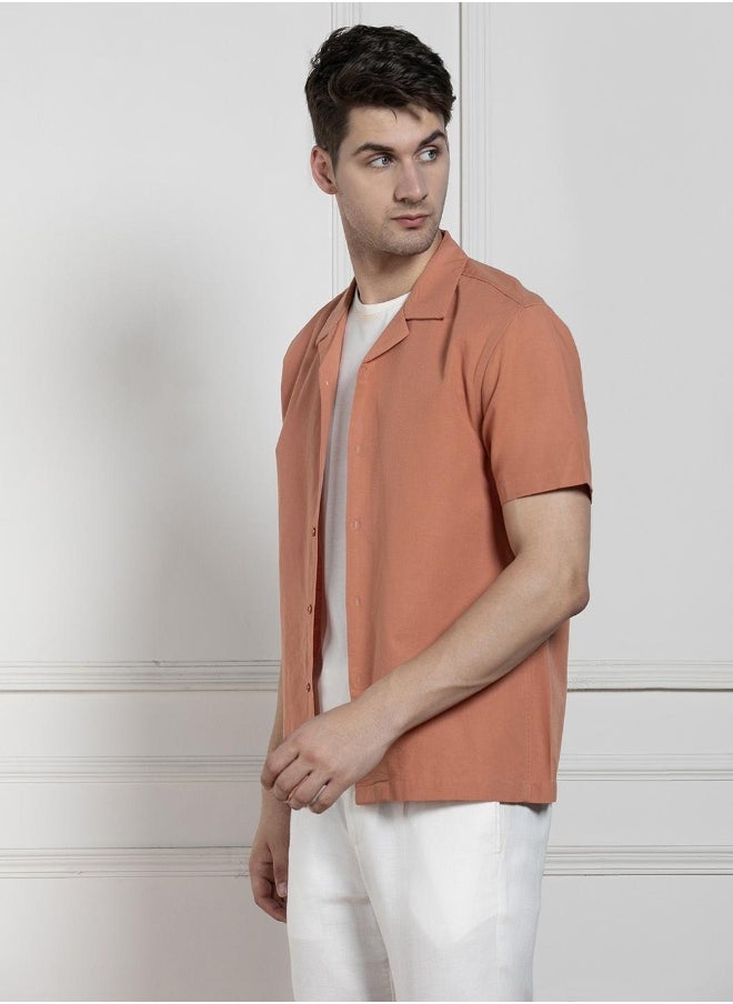 Dennis Lingo Relaxed Fit Orange Solid Cotton Jute Shirt Cuban Collar  - Image 1