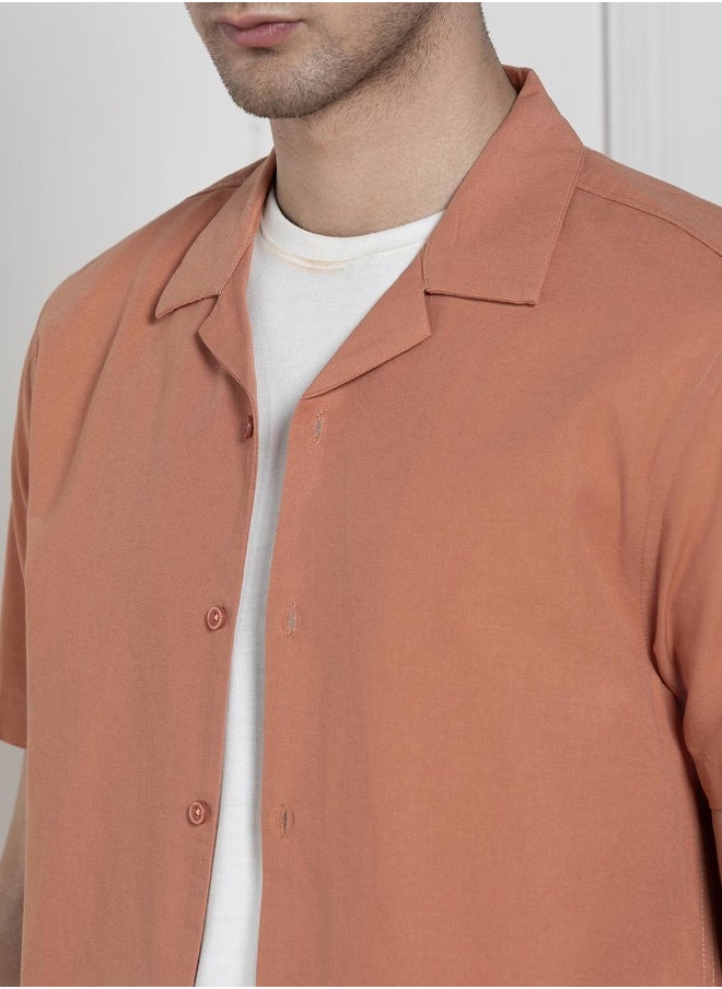 Dennis Lingo Relaxed Fit Orange Solid Cotton Jute Shirt Cuban Collar  - Image 5