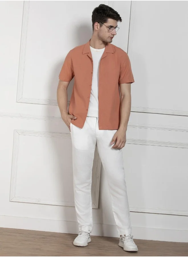 Dennis Lingo Relaxed Fit Orange Solid Cotton Jute Shirt Cuban Collar