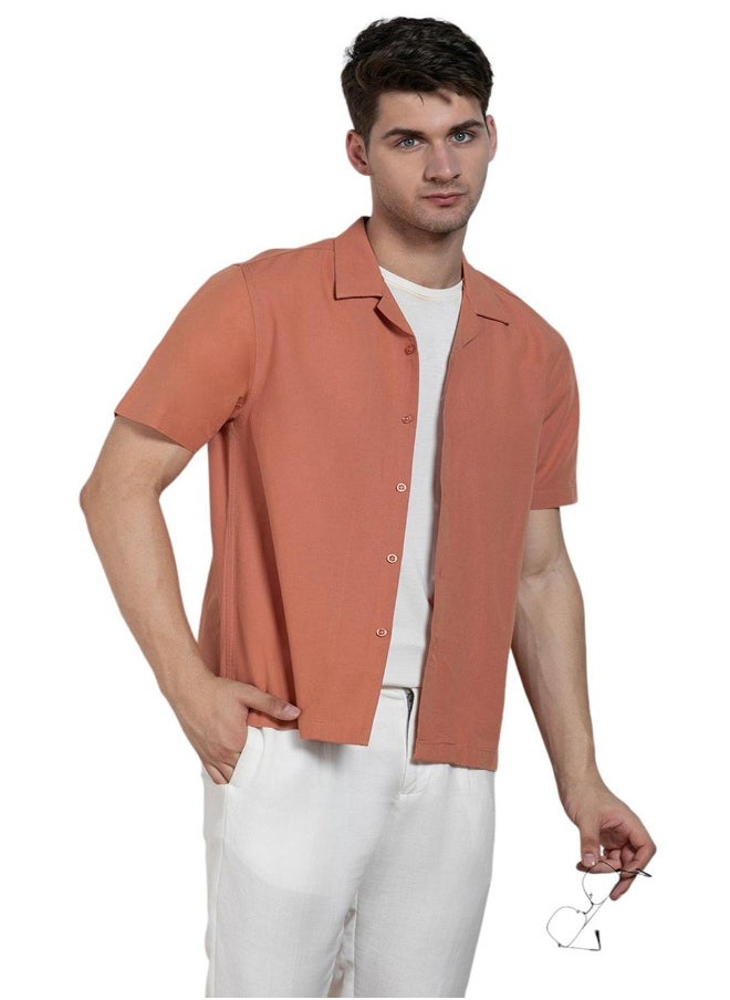 Dennis Lingo Relaxed Fit Orange Solid Cotton Jute Shirt Cuban Collar  - Image 3