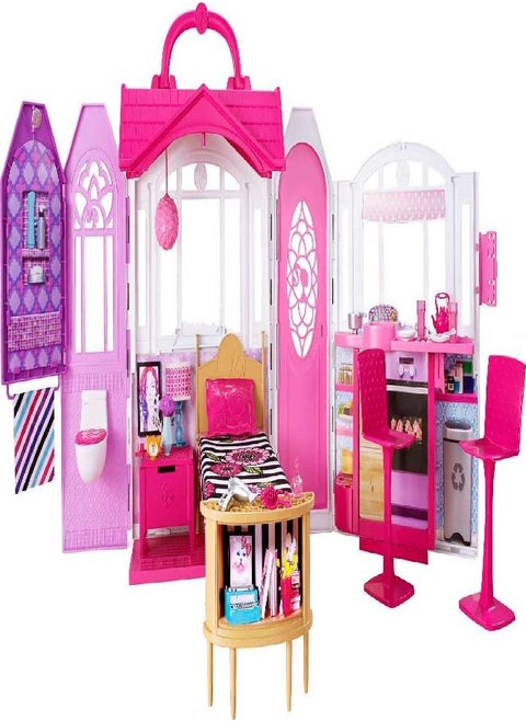 Barbie Glam Getaway Portable Dollhouse, 1 Story with Furniture, Accessories and Carrying Handle, for 3 to 7 Year Olds [Amazon Exclusive]
