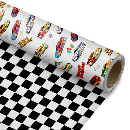 ZINTBIAL Race Car Reversible Wrapping Paper Roll - Gift Wrap with Black & White Checkered Flag on Reverse- Perfect for Holidays, Birthdays, Babay Shower and Christmas - 17.5 in x 33 ft (48 sq. ft) - Image 1