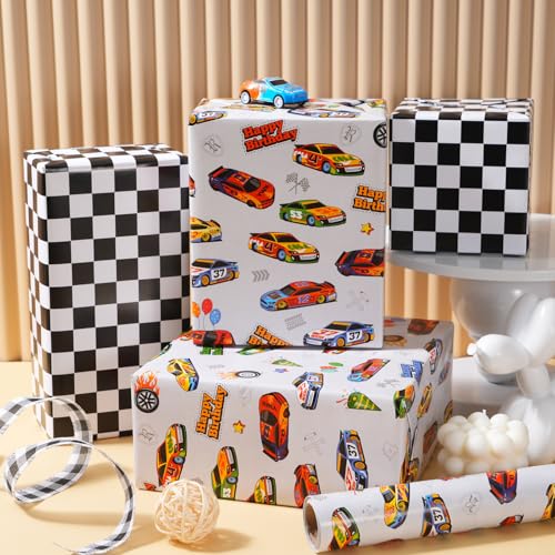 ZINTBIAL Race Car Reversible Wrapping Paper Roll - Gift Wrap with Black & White Checkered Flag on Reverse- Perfect for Holidays, Birthdays, Babay Shower and Christmas - 17.5 in x 33 ft (48 sq. ft) - Image 5