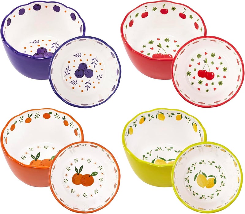 Bico Cartoon Fruit Pop Scalloped 22oz Ceramic Cereal Bowls Set of 4 Microwave  Dishwasher Safe Assorted Colors - Image 3