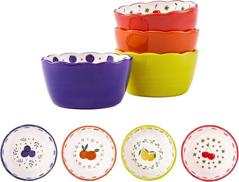 Bico Cartoon Fruit Pop Scalloped 22oz Ceramic Cereal Bowls Set of 4 Microwave  Dishwasher Safe Assorted Colors - Image 1