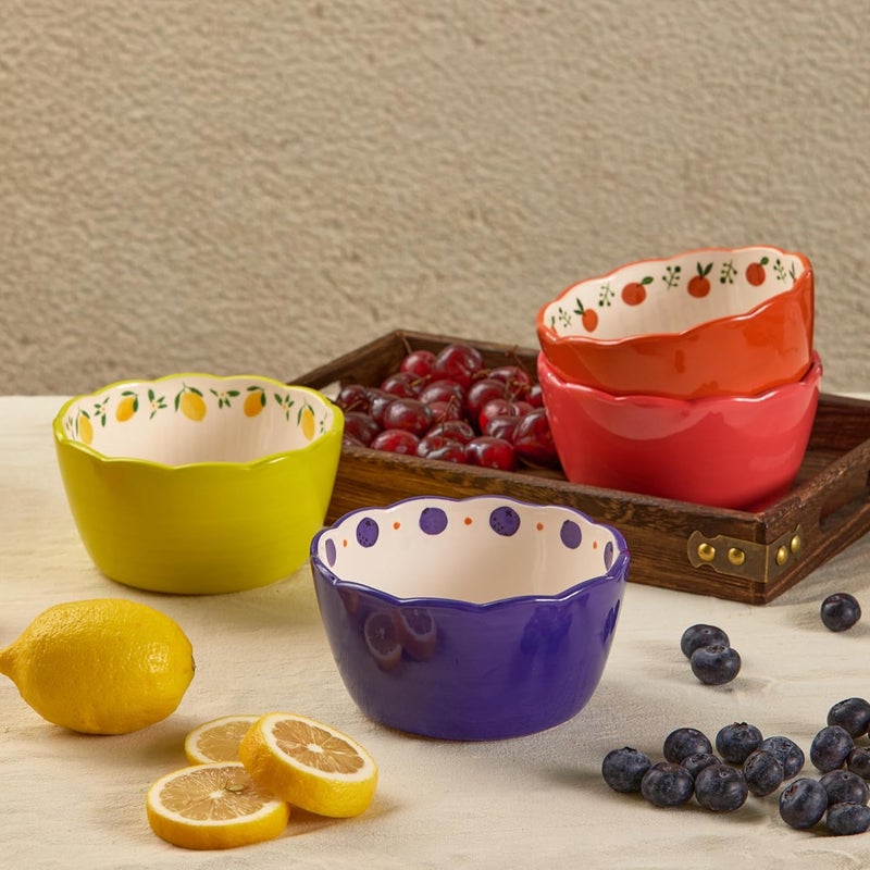 Bico Cartoon Fruit Pop Scalloped 22oz Ceramic Cereal Bowls Set of 4 Microwave  Dishwasher Safe Assorted Colors - Image 4