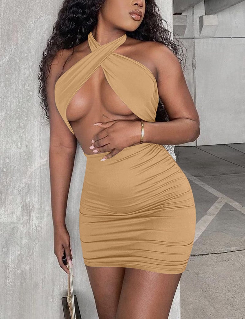 Mokoru Women's Sexy Ruched Bodycon Halter Criss Cross Cut Out Backless Mini Club Party Dresses, Large, Khaki - Image 3