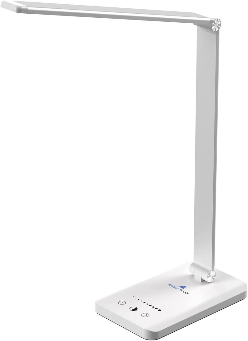 Ambertronix LED Desk Lamp with USB Charging Port Dimmable EyeCaring Reading Desk Light for Home with 5 Brightness Level 3 Lighting Modes Touch Control Auto Timer White
