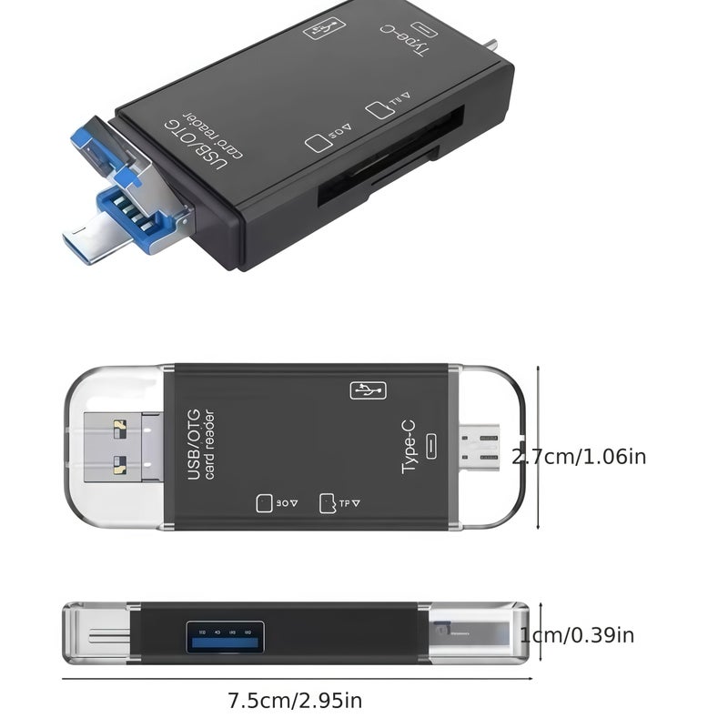 قارئ بطاقات USB من النوع C بست وظائف سوداء متعدد الاستخدامات ومحول OTG للهواتف الذكية وأجهزة الكمبيوتر - Image 2