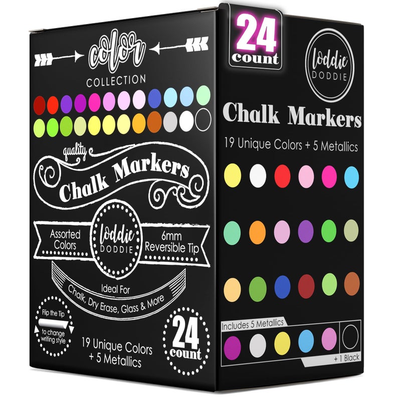 Loddie Doddie Liquid Chalk Markers (24-Pack) - Dust-Free Erasable Pens for Windows, Glass, Chalkboard & Blackboard - 6mm Reversible Bullet & Chisel Tip - Image 1