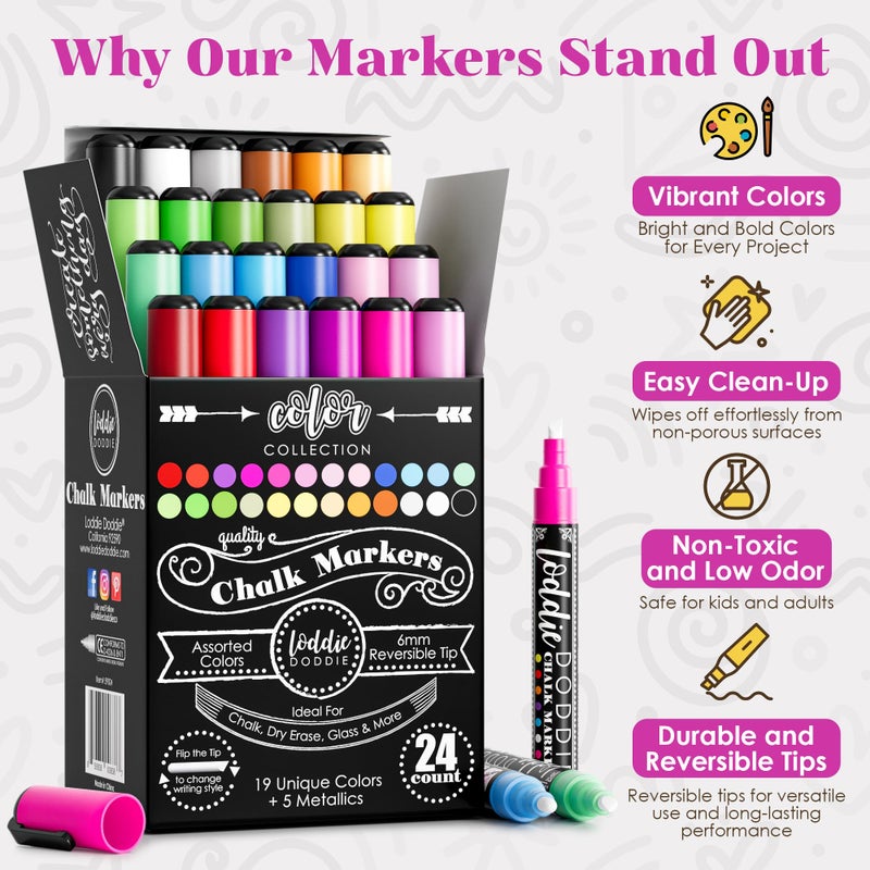 Loddie Doddie Liquid Chalk Markers (24-Pack) - Dust-Free Erasable Pens for Windows, Glass, Chalkboard & Blackboard - 6mm Reversible Bullet & Chisel Tip - Image 2