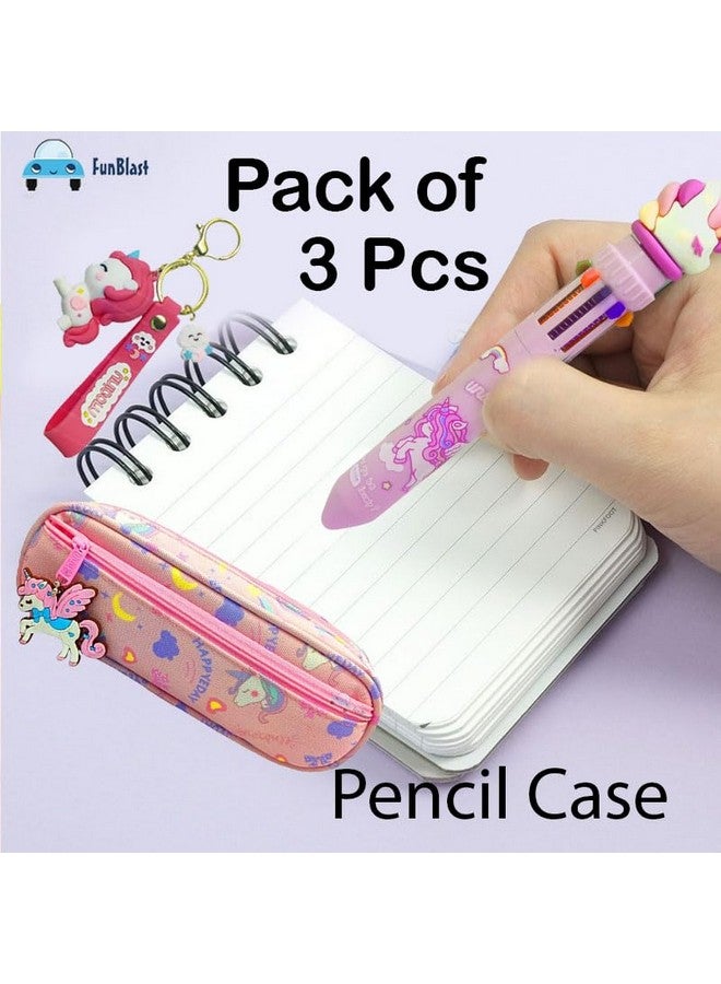فنبلاست مجموعة أقلام بلاستيكية من فن بلاست للبنات - عبوة من 3 قطع هدايا يونيكورن، مجموعة من حافظة أقلام، 10 أقلام ملونة وسلسلة مفاتيح، مجموعة أدوات مكتبية كاواي، مجموعة هدايا، هدايا عيد ميلاد، هدية إرجاع للأطفال (وردي) - Image 3