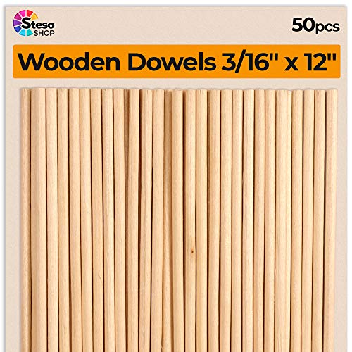 StesoSHOP Wooden Dowel Rods for Craft 3/16 x 12 inch - 50 pcs Sturdy Dowels Wood - Craft Supplies Sticks for Centerpieces - Model Building Wedding Ribbon Wands 3/16 - Image 1