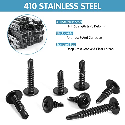 SATANTECH 410 Stainless Steel #8#10 Self Tapping Screws for Metal, 380 PCS Self Drilling Screws Assortment Kit, Black Oxide, Modified Truss Head Self Tapping Sheet Metal TEK Screws, Length 1/2" to 1-1/4'' - Image 2