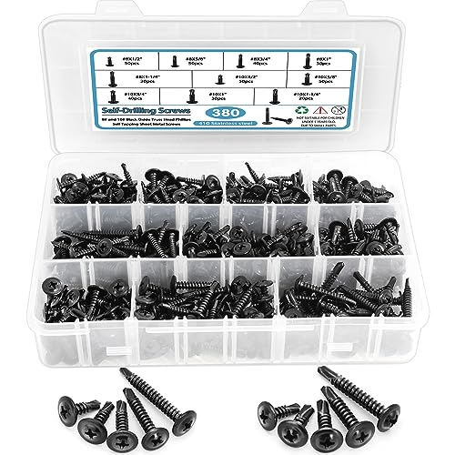 SATANTECH 410 Stainless Steel #8#10 Self Tapping Screws for Metal, 380 PCS Self Drilling Screws Assortment Kit, Black Oxide, Modified Truss Head Self Tapping Sheet Metal TEK Screws, Length 1/2" to 1-1/4'' - Image 1