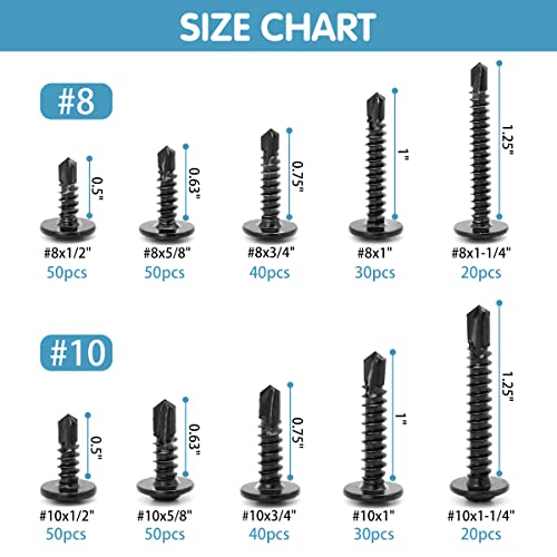 SATANTECH 410 Stainless Steel #8#10 Self Tapping Screws for Metal, 380 PCS Self Drilling Screws Assortment Kit, Black Oxide, Modified Truss Head Self Tapping Sheet Metal TEK Screws, Length 1/2" to 1-1/4'' - Image 3
