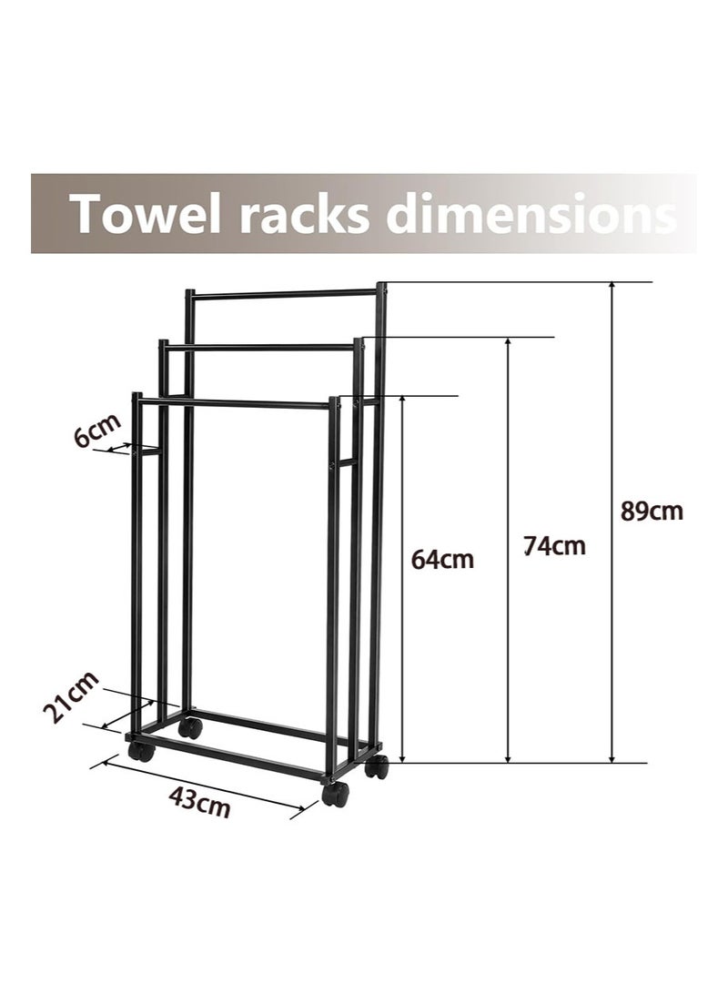 أبوستيم رف مناشف عمودي معدني متحرك بثلاث طبقات، رف مناشف حمام، رف مناشف قائم بذاته، رف تخزين معلق للحمام، رف مناشف حمام، رف مناشف حمام، رف مناشف حمام خارجي (أسود) - Image 3