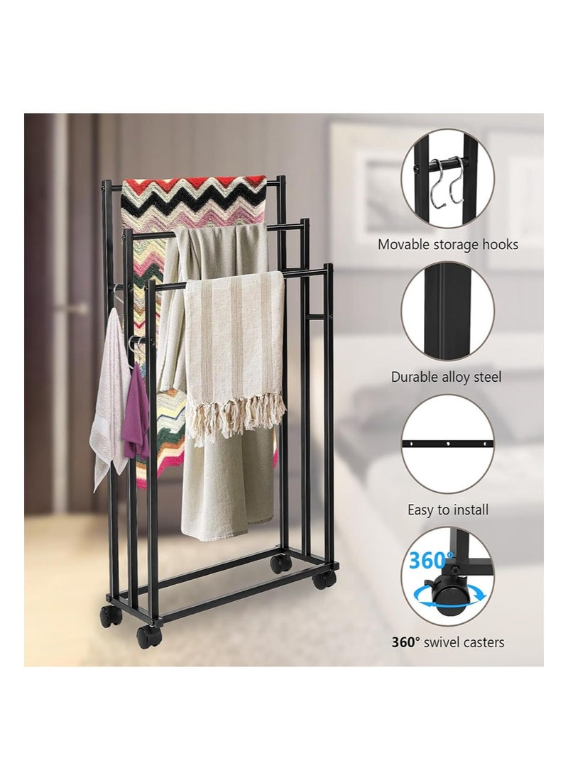 أبوستيم رف مناشف عمودي معدني متحرك بثلاث طبقات، رف مناشف حمام، رف مناشف قائم بذاته، رف تخزين معلق للحمام، رف مناشف حمام، رف مناشف حمام، رف مناشف حمام خارجي (أسود) - Image 2