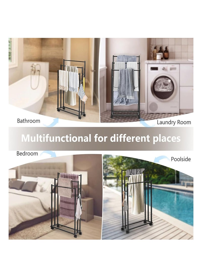 أبوستيم رف مناشف عمودي معدني متحرك بثلاث طبقات، رف مناشف حمام، رف مناشف قائم بذاته، رف تخزين معلق للحمام، رف مناشف حمام، رف مناشف حمام، رف مناشف حمام خارجي (أسود) - Image 5