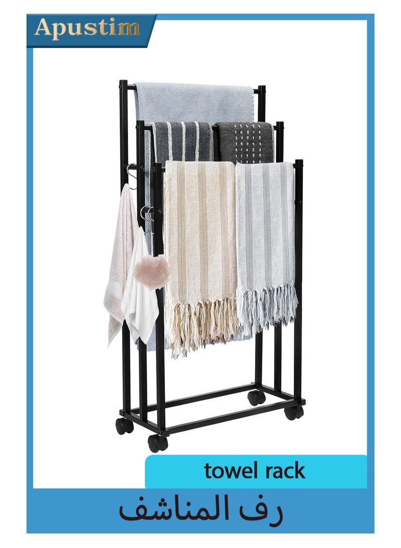 أبوستيم رف مناشف عمودي معدني متحرك بثلاث طبقات، رف مناشف حمام، رف مناشف قائم بذاته، رف تخزين معلق للحمام، رف مناشف حمام، رف مناشف حمام، رف مناشف حمام خارجي (أسود) - Image 1