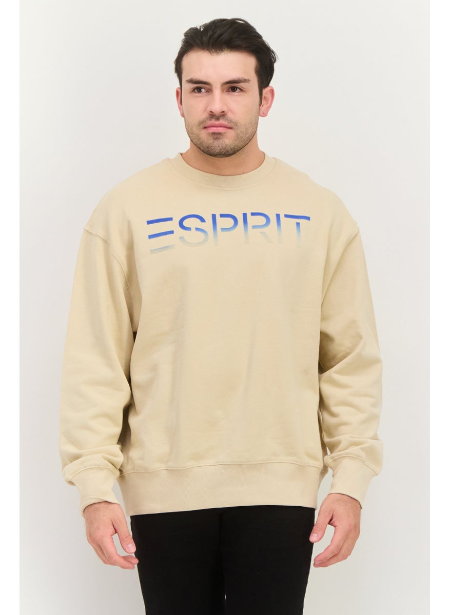 ESPRIT Men Crew Neck Long Sleeves Brand Logo Sweatshirt, Beige  - Image 1