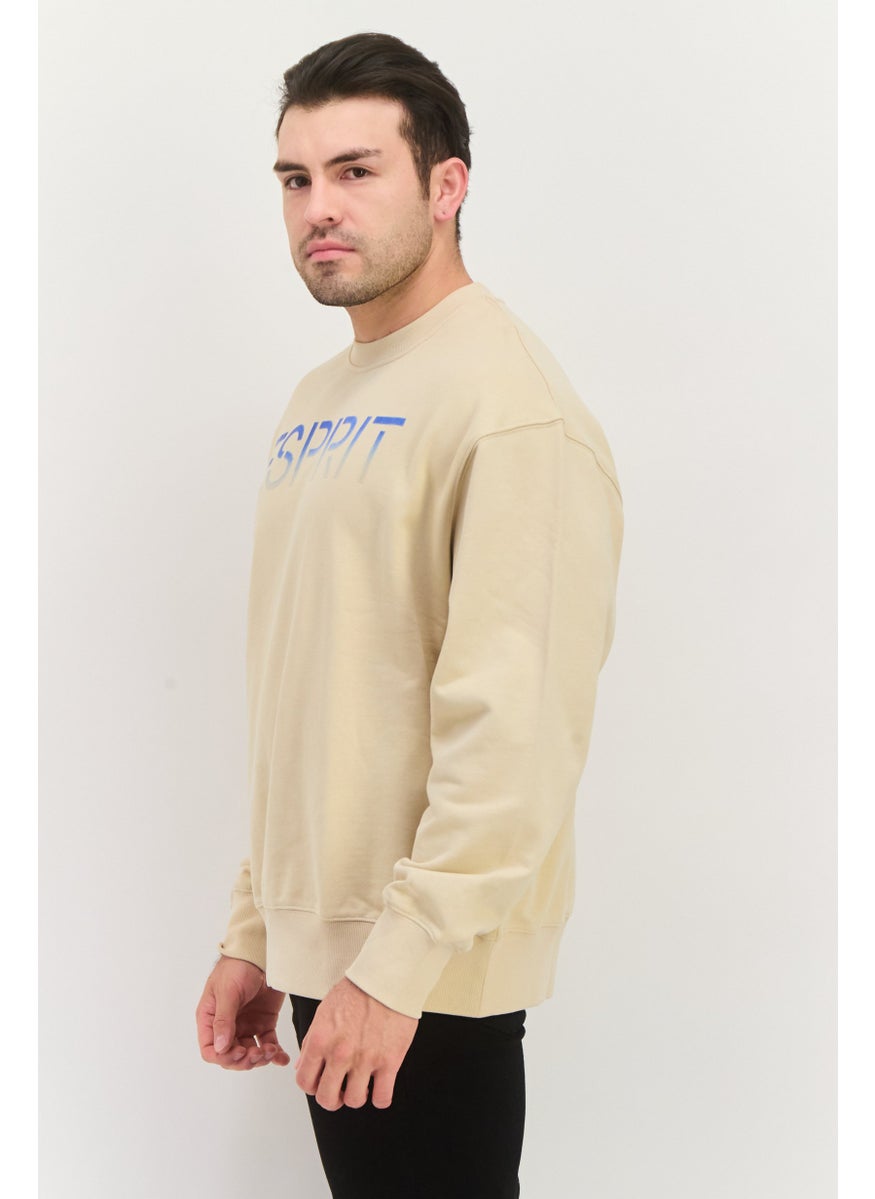 ESPRIT Men Crew Neck Long Sleeves Brand Logo Sweatshirt, Beige  - Image 2