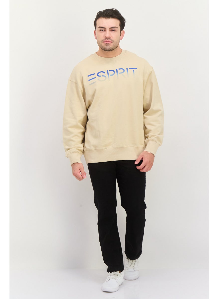 ESPRIT Men Crew Neck Long Sleeves Brand Logo Sweatshirt, Beige  - Image 4