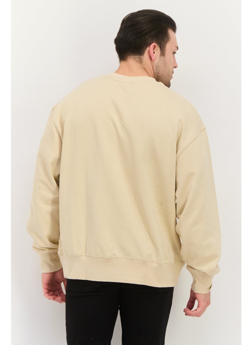 ESPRIT Men Crew Neck Long Sleeves Brand Logo Sweatshirt, Beige  - Image 3