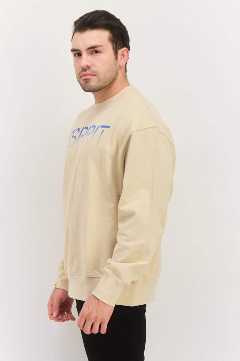 ESPRIT سويت شيرت للرجال بأكمام طويلة وياقة دائرية، بشعار العلامة التجارية، بيج - Image 2