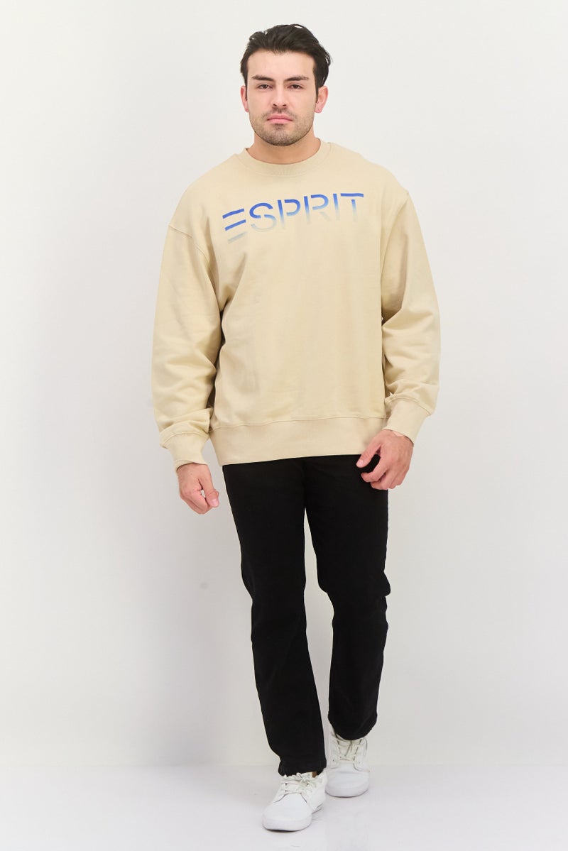 ESPRIT سويت شيرت للرجال بأكمام طويلة وياقة دائرية، بشعار العلامة التجارية، بيج - Image 4