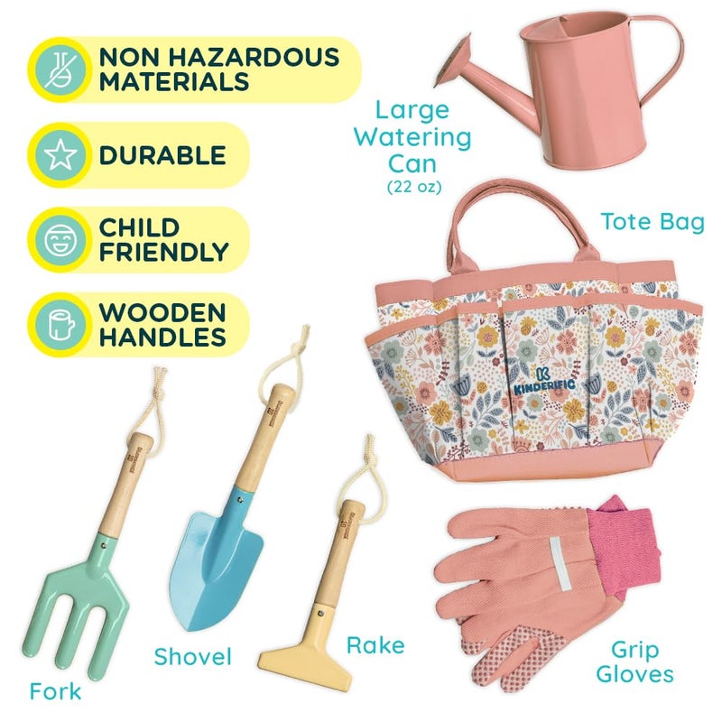 Kinderific Gardening Set, Tool Kit, for Kids, STEM, Includes Tote Bag, Spade, Watering Can, Rake, Fork, Trowel and Gloves (Petal) - Image 4