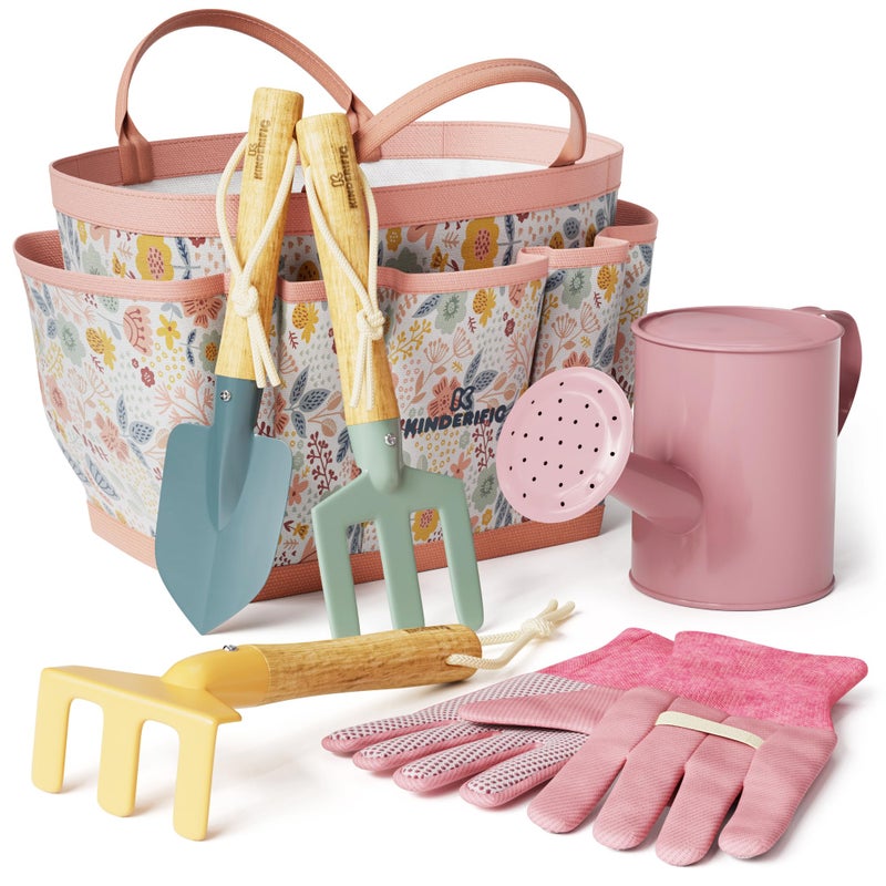 Kinderific Gardening Set, Tool Kit, for Kids, STEM, Includes Tote Bag, Spade, Watering Can, Rake, Fork, Trowel and Gloves (Petal) - Image 1