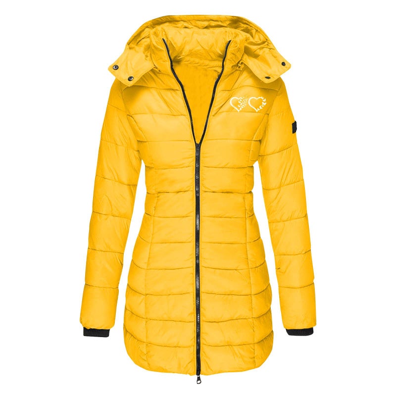 European size cross-border winter womens cotton-padded jacket mid-length slim-fit cotton-padded jacket warm solid color hooded cotton-padded jacket printing Red - Image 2