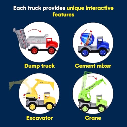 PLUSPOINT Construction Vehicle Trucks Friction Powered City Builder Series of Mixer, Excavator, Crane, Dumper Set of 4 Pretend Play Vehicles for Kids (4pc City Builder)- Multi Color - Image 3