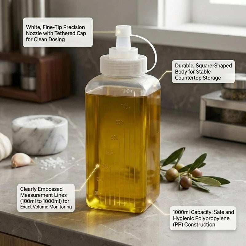 Cuisine Art 1000ml 1 Liter Oil Dispenser Squeeze Bottle – Food-Safe PE Plastic with Fine-Tip Nozzle Tethered Cap & Embossed Measurements for Cooking Oil Vinegar Sauce – Square Stable Base - Image 2