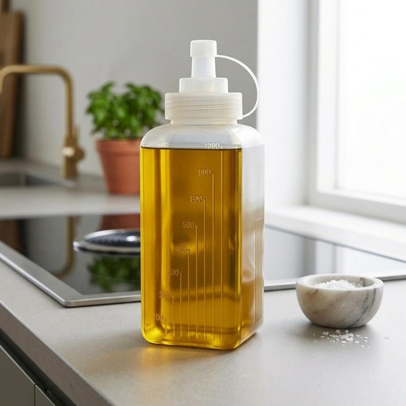 Cuisine Art 1000ml 1 Liter Oil Dispenser Squeeze Bottle – Food-Safe PE Plastic with Fine-Tip Nozzle Tethered Cap & Embossed Measurements for Cooking Oil Vinegar Sauce – Square Stable Base - Image 1