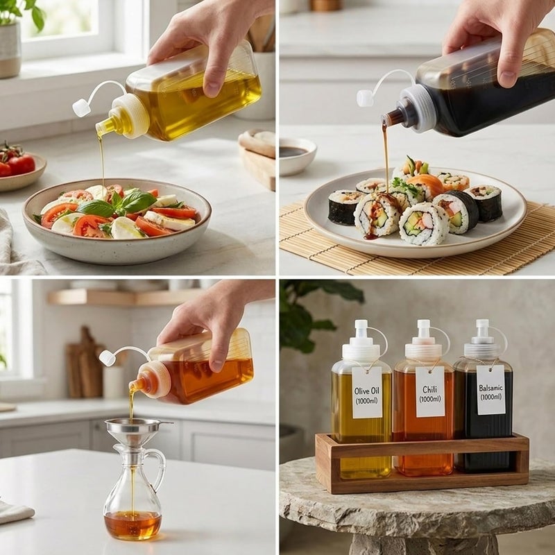 Cuisine Art 1000ml 1 Liter Oil Dispenser Squeeze Bottle – Food-Safe PE Plastic with Fine-Tip Nozzle Tethered Cap & Embossed Measurements for Cooking Oil Vinegar Sauce – Square Stable Base - Image 4