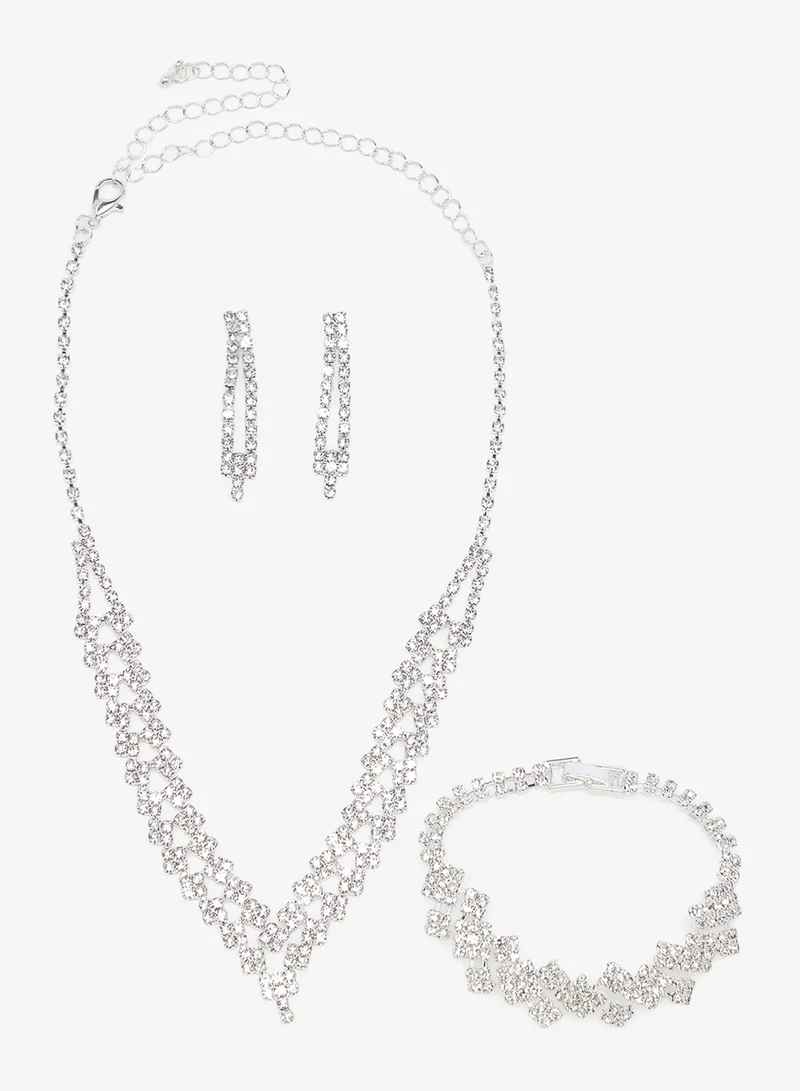 Khizana Silver Diamonte Jewelry Set With Earrings Necklace Bracelet
