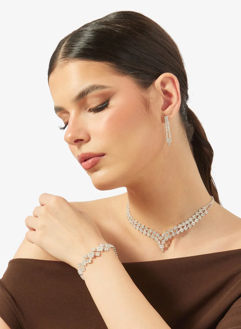 Khizana Silver Diamonte Jewelry Set With Earrings Necklace Bracelet