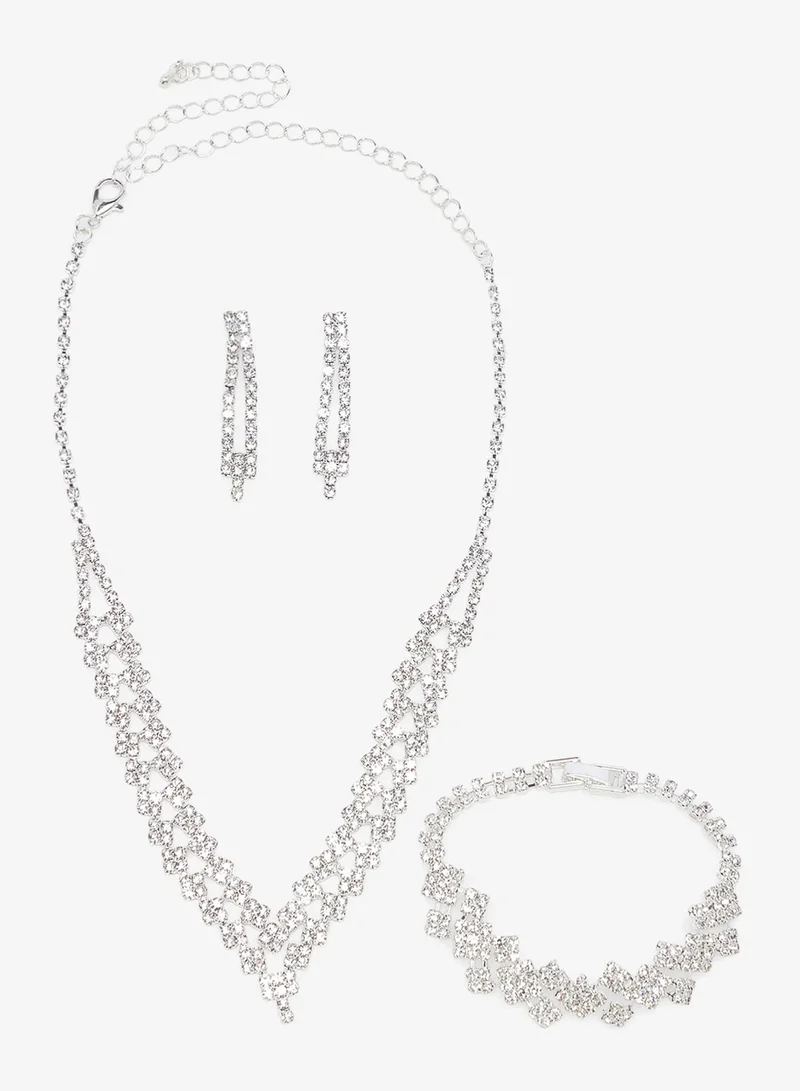 Khizana Silver Diamonte Jewelry Set With Earrings Necklace Bracelet