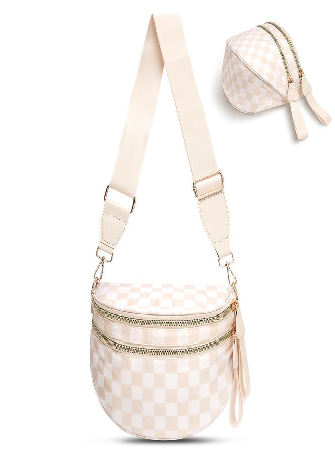 idoltimes Checkered Crossbody Bag,Nylon Bum Bags for Women Crossbody,Spacious Sling Bag Purse Fanny Packs with Shoulder Strap, Beigewhite, Sport - Image 1