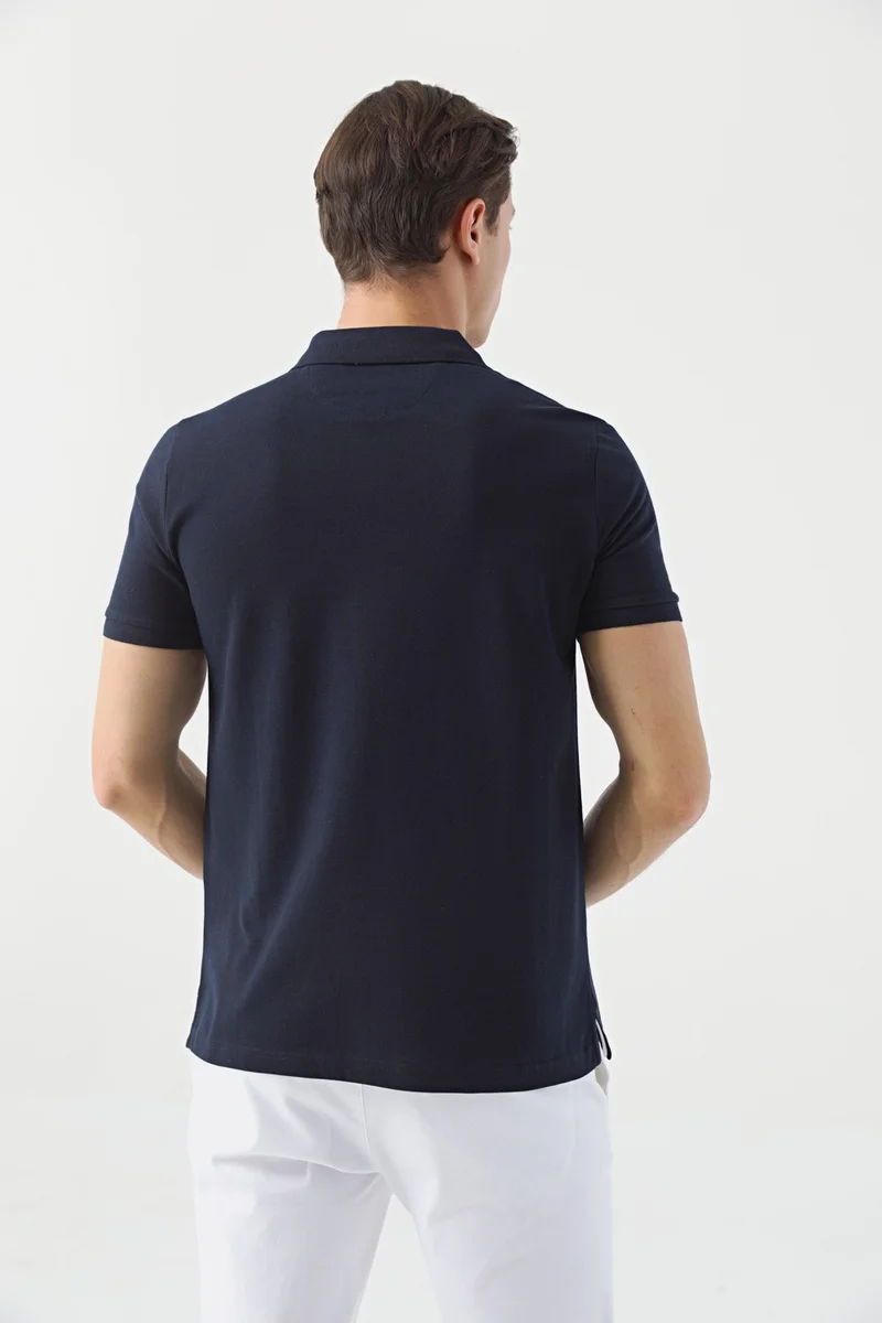 D'S DAMAT Regular Fit Navy Blue Pique Textured T-Shirt 6HC146551000M