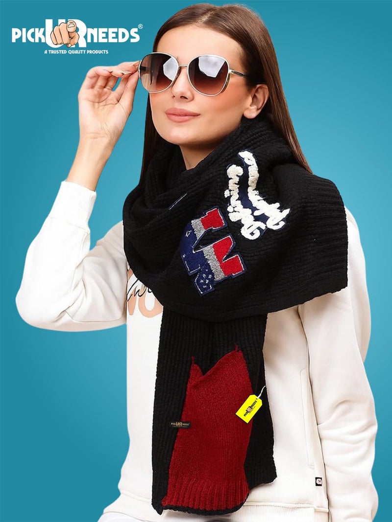 Pick Ur Needs Women Winter Woolen Muffler with Trendy Patch Design Soft Warm Knitted Scarf for Girls & Ladies Stylish Casual Mufflers (Black) - Image 4