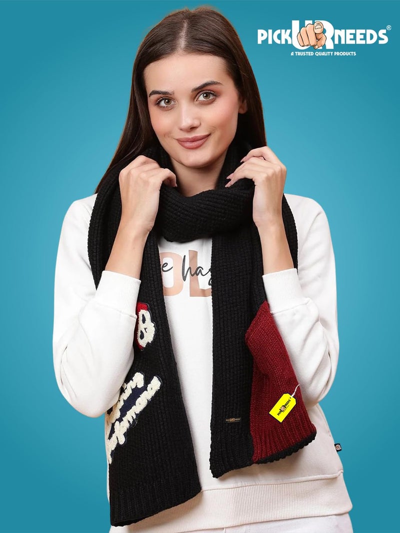 Pick Ur Needs Women Winter Woolen Muffler with Trendy Patch Design Soft Warm Knitted Scarf for Girls & Ladies Stylish Casual Mufflers (Black) - Image 2