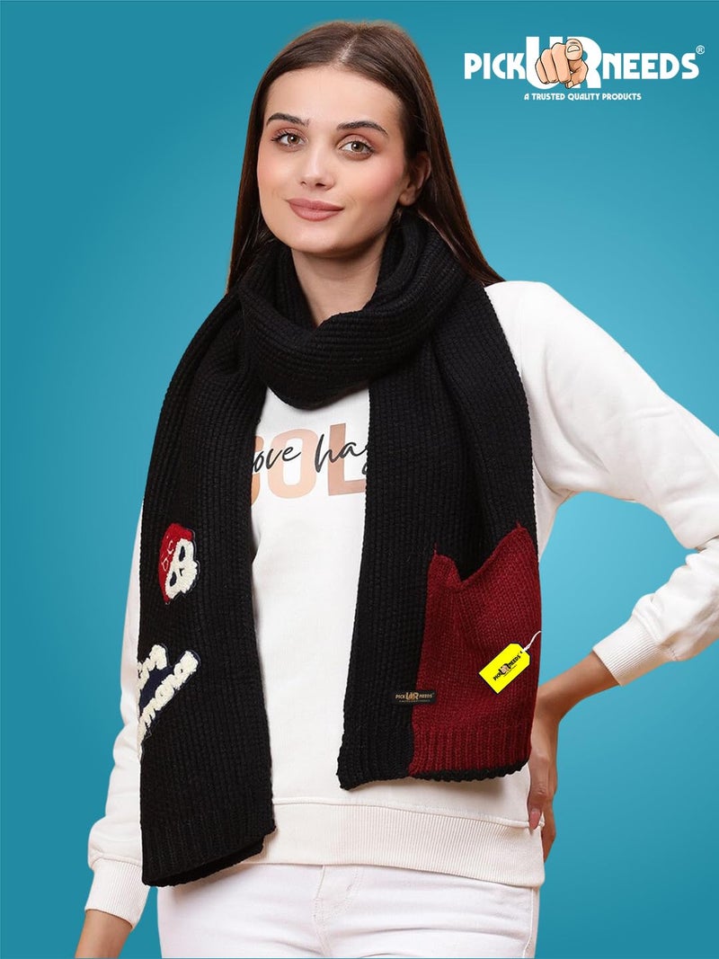 Pick Ur Needs Women Winter Woolen Muffler with Trendy Patch Design Soft Warm Knitted Scarf for Girls & Ladies Stylish Casual Mufflers (Black) - Image 3